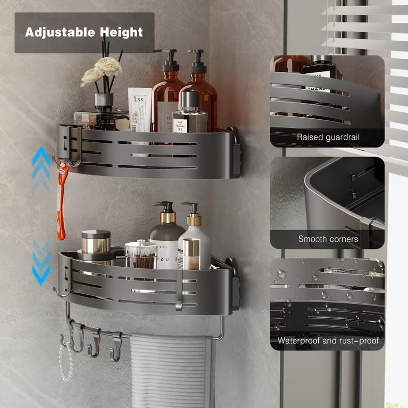 Voldra Corner Shower Caddy Suction Cup, 2 Pack Corner Shower Shelves No Drilling, Aluminum Upgrade Suction Cup Shower Organizer with Towel Bar & Hooks Removable Bathroom Storage Rack(Gray) - Image 2